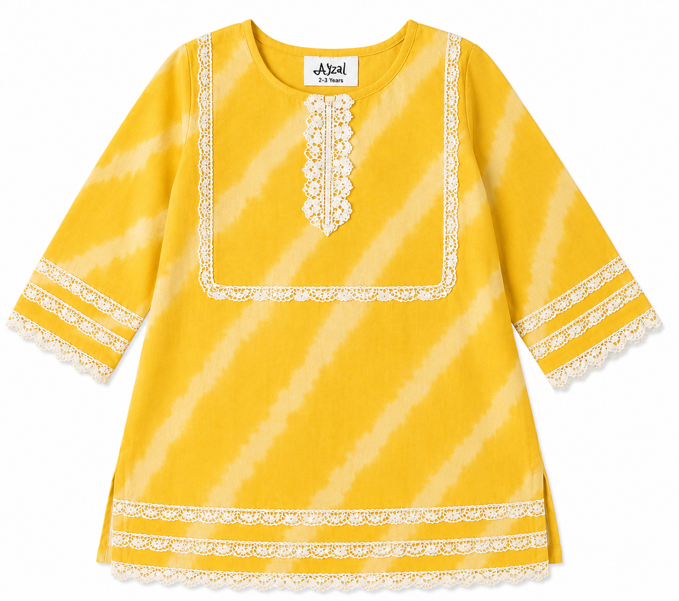 Ayzal Kids Wear Yellow Tie & Dye Mul Cotton Kurti Pant Set - Image 3