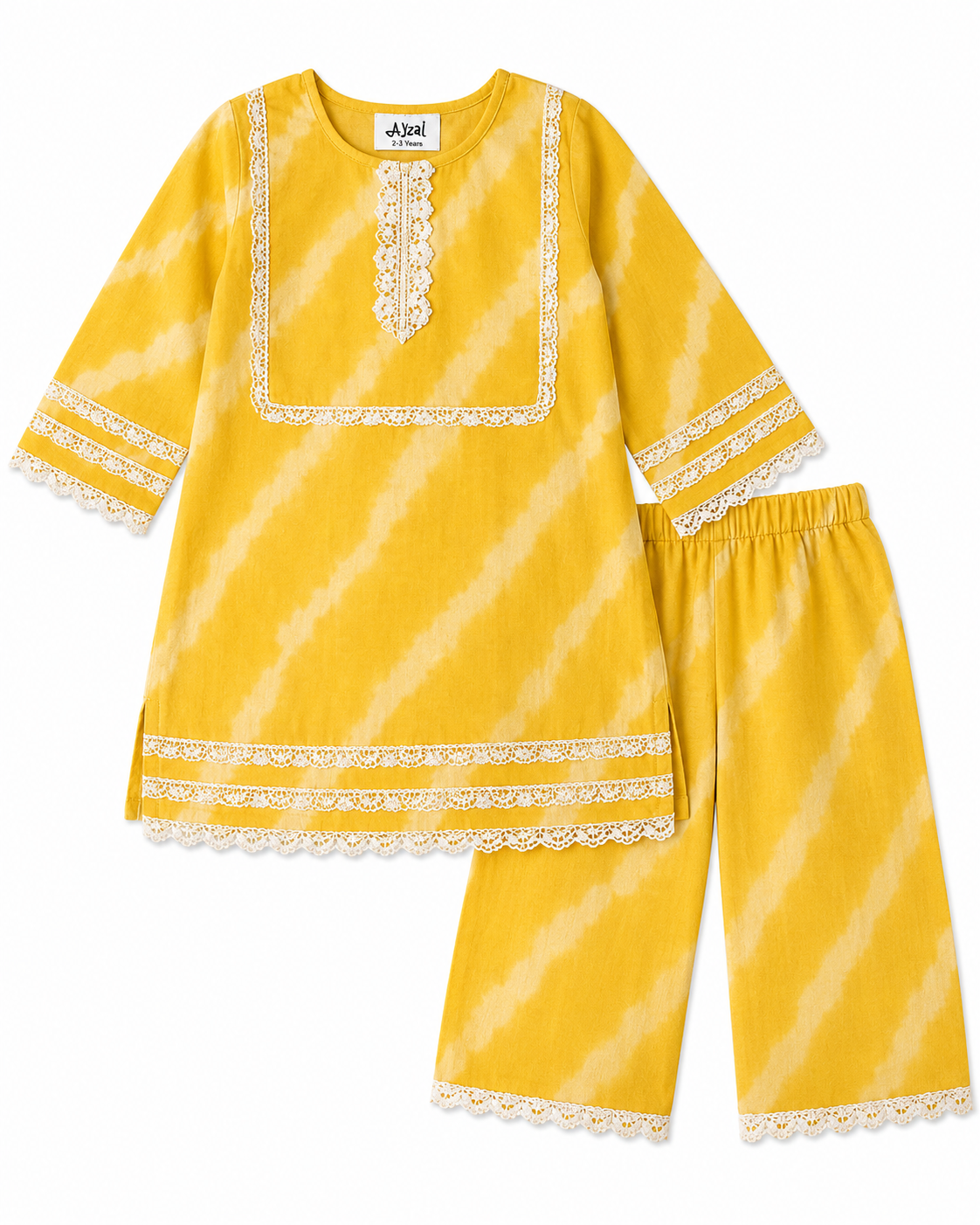 Ayzal Kids Wear Yellow Tie & Dye Mul Cotton Kurti Pant Set - Image 2