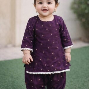 Royal purple soft silk kurti with gota lace detailing and matching Afghani salwar for girls